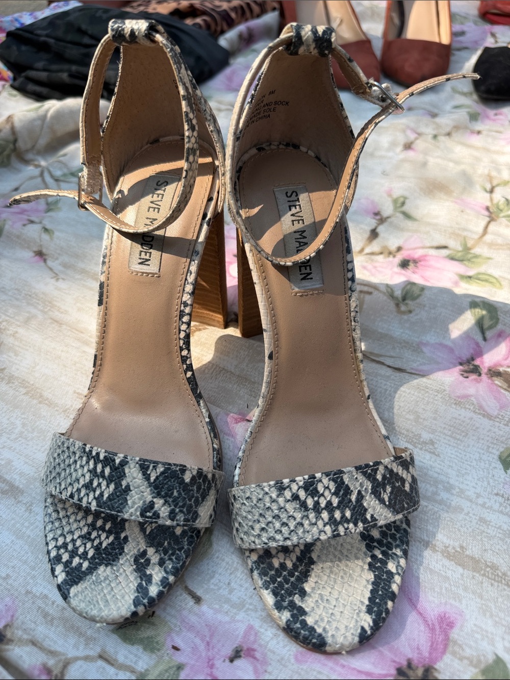Steve Madden Snake-Print Ankle-Strap Heels in Black & White